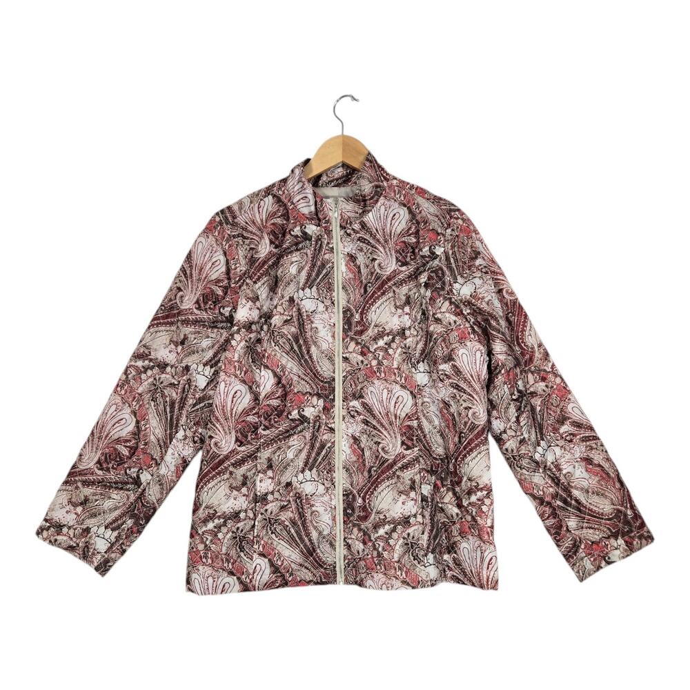 Chico's Quilted Jacket sz 2 (L) Pink Ivory Paisley Zip Front High Collar